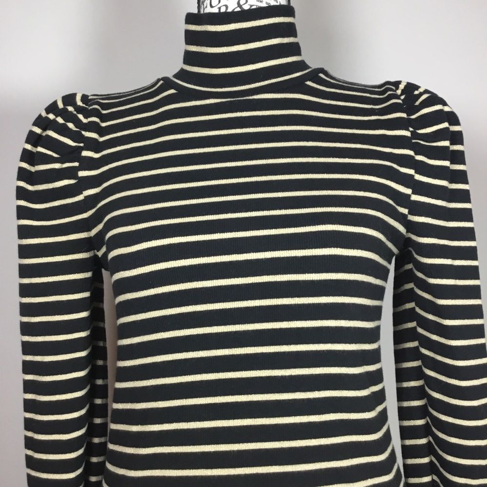 Puff sleeve high neck black gold striped sweater top elegant fancy party sz S - Picture 2 of 8
